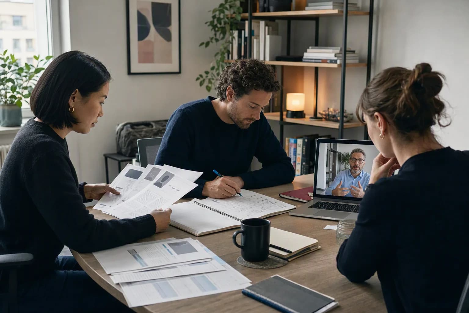 A project team reviews anonymized expert profiles while speaking with a specialist by video.
