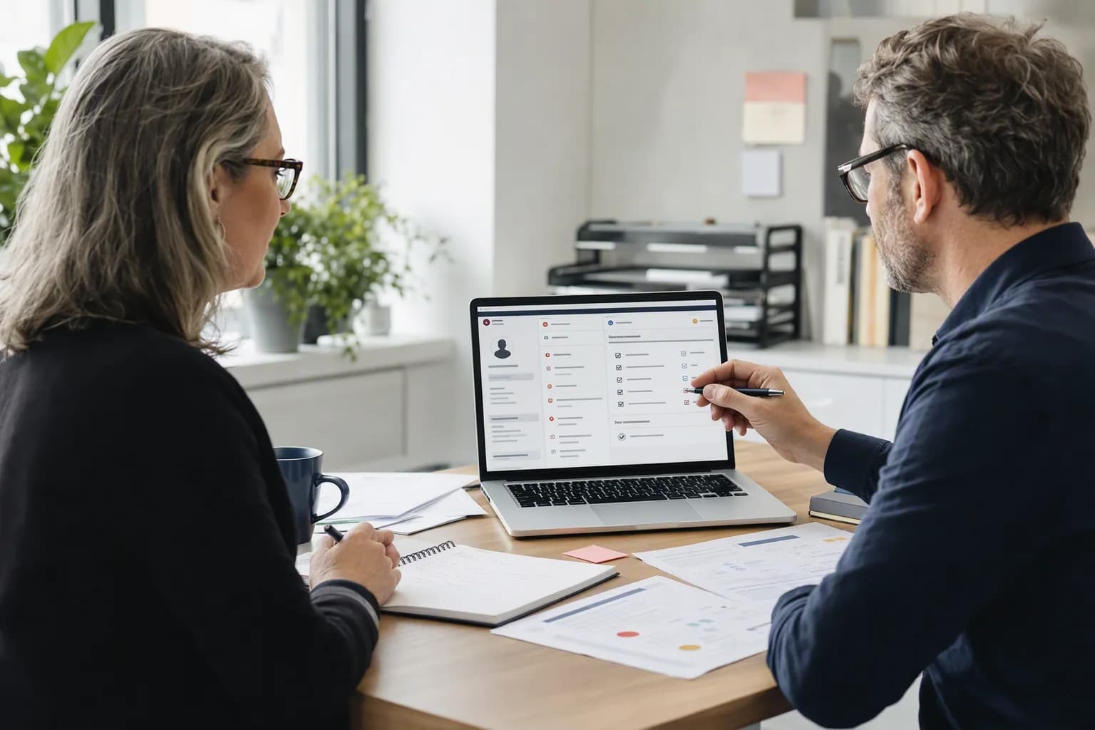 Two reviewers examine an anonymized consultation case and its project controls.