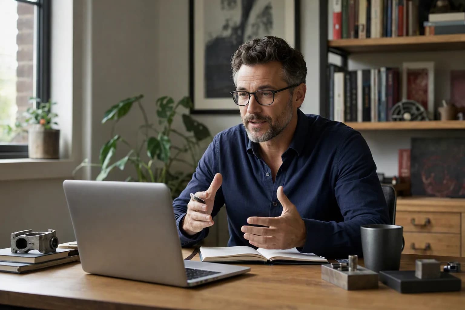 An experienced professional takes part in a remote consultation from a home office.