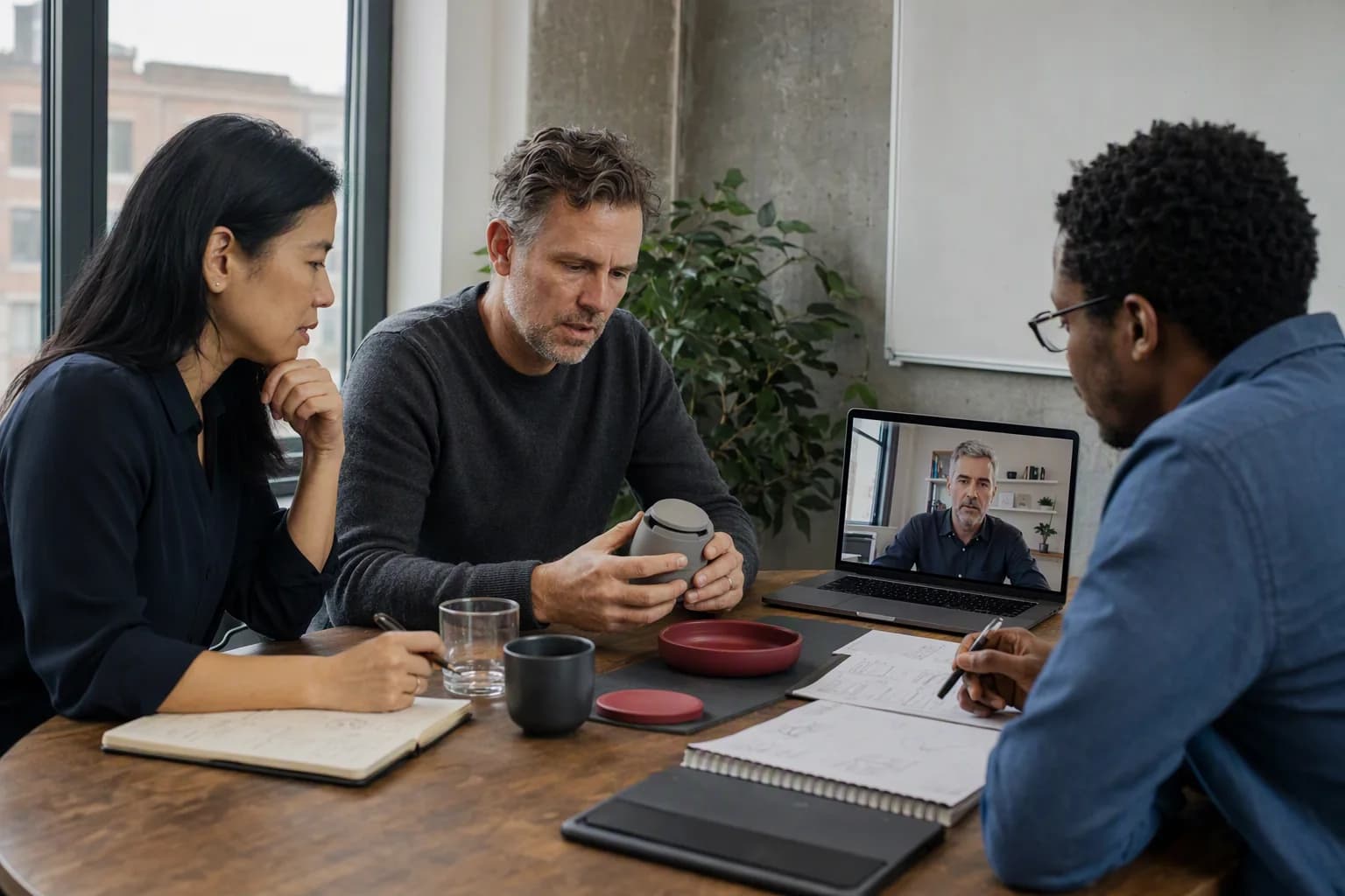 An enterprise team examines a product while consulting an industry specialist by video.