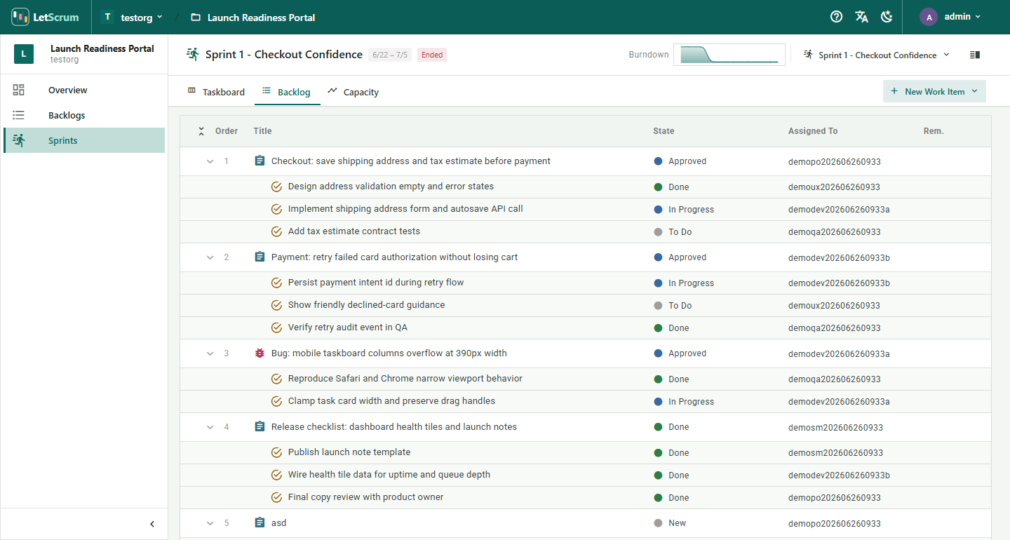 LetScrum sprint backlog