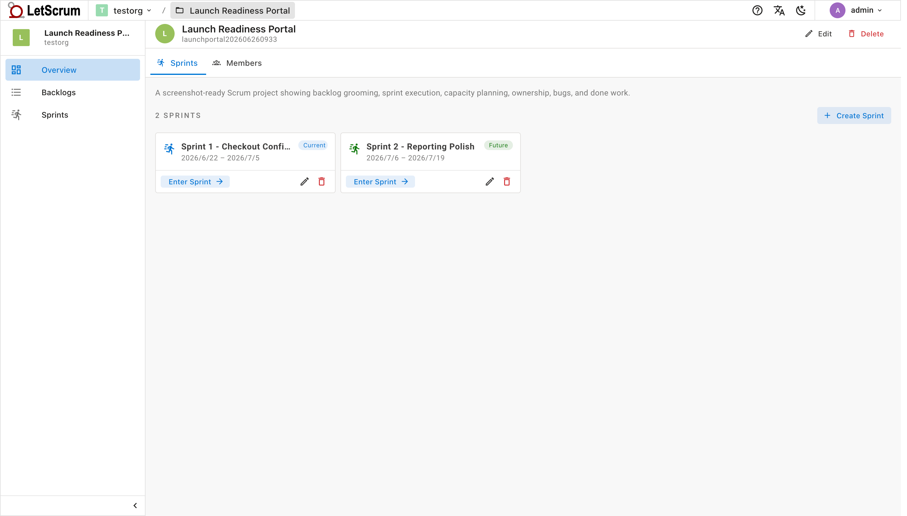 LetScrum project sprint overview