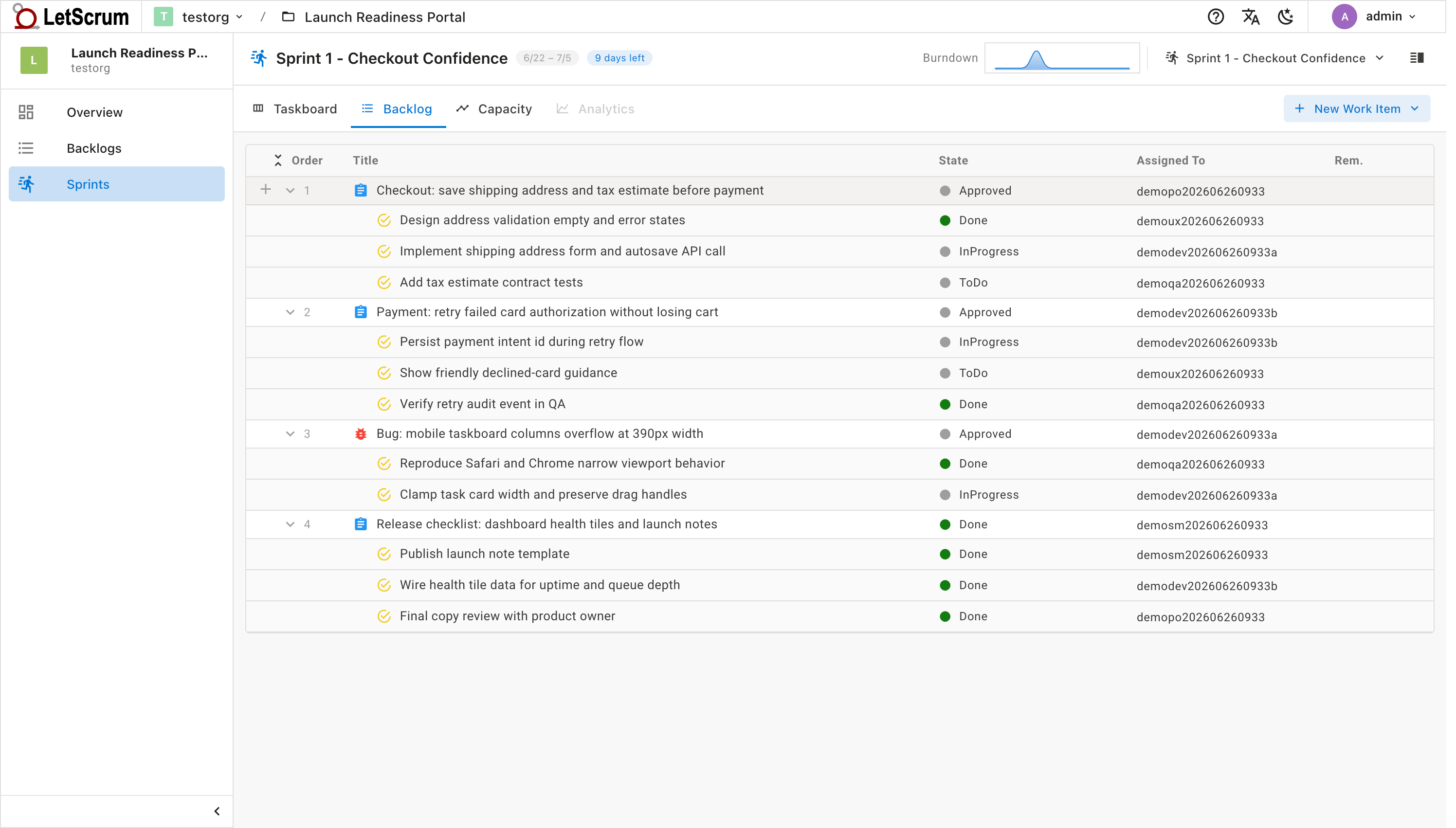 LetScrum sprint backlog